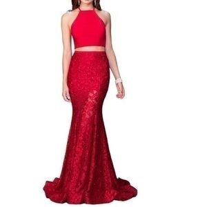 LA FEMME Red Two piece with sheer lace skirt gown